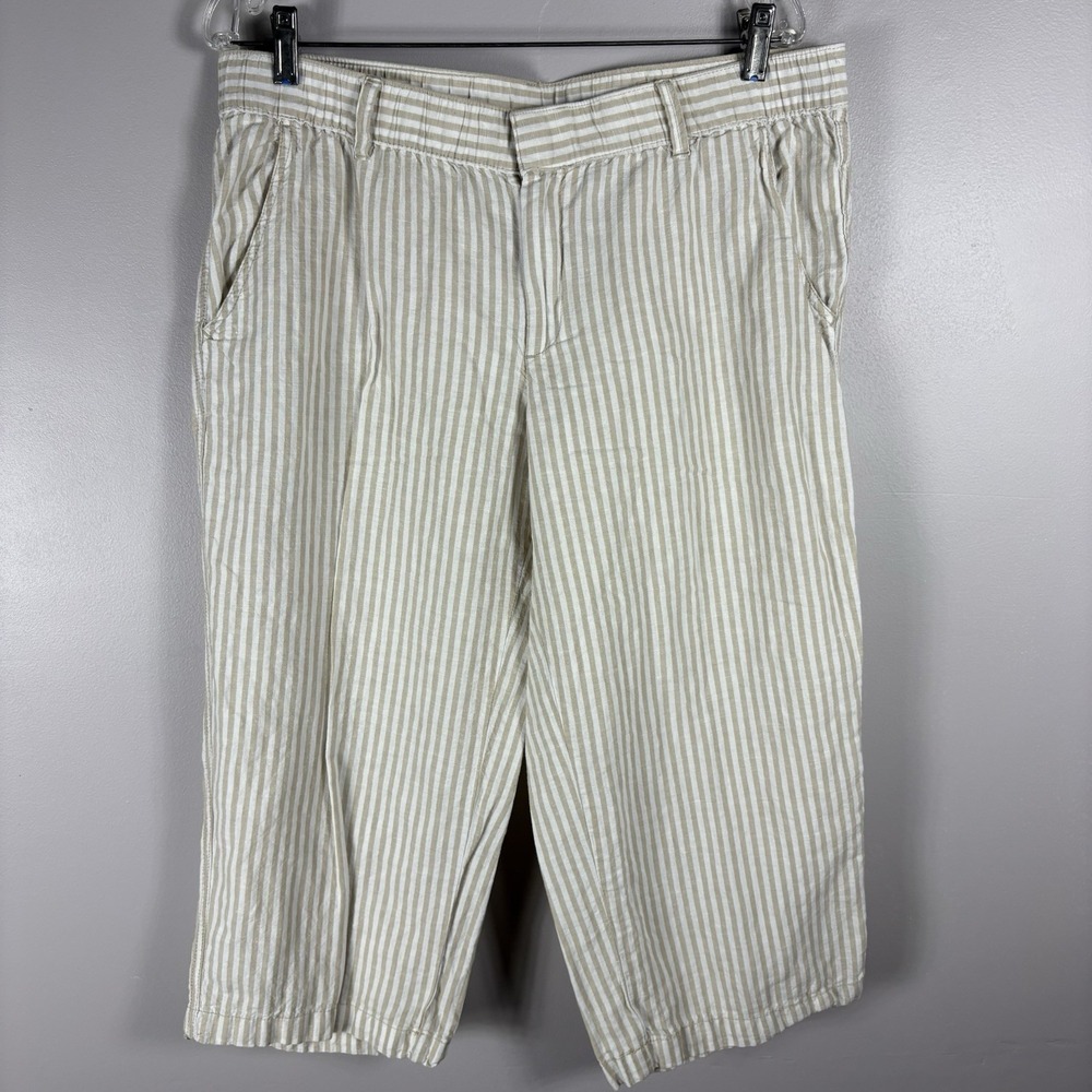 Liz Claiborne Women's Large Beige Linen White Stripe Elastic Waist‎ Capri Pants